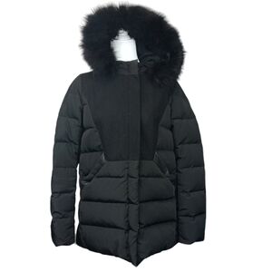 Maje Genuine Fur Trimmed Down Filled Puffer Coat Black Size Medium